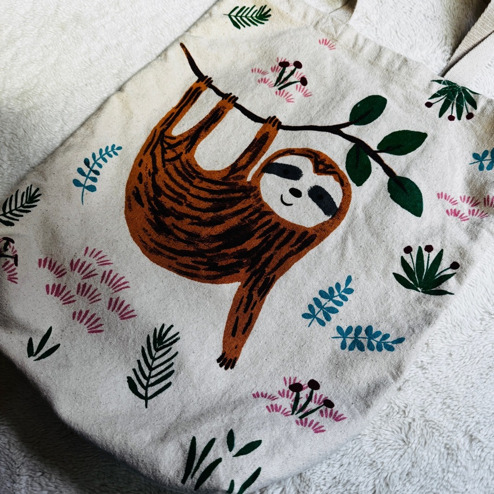 World Market Sloth Canvas Tote Bag Graphic Eco-Friendly Cotton Shopper - Picture 2 of 7
